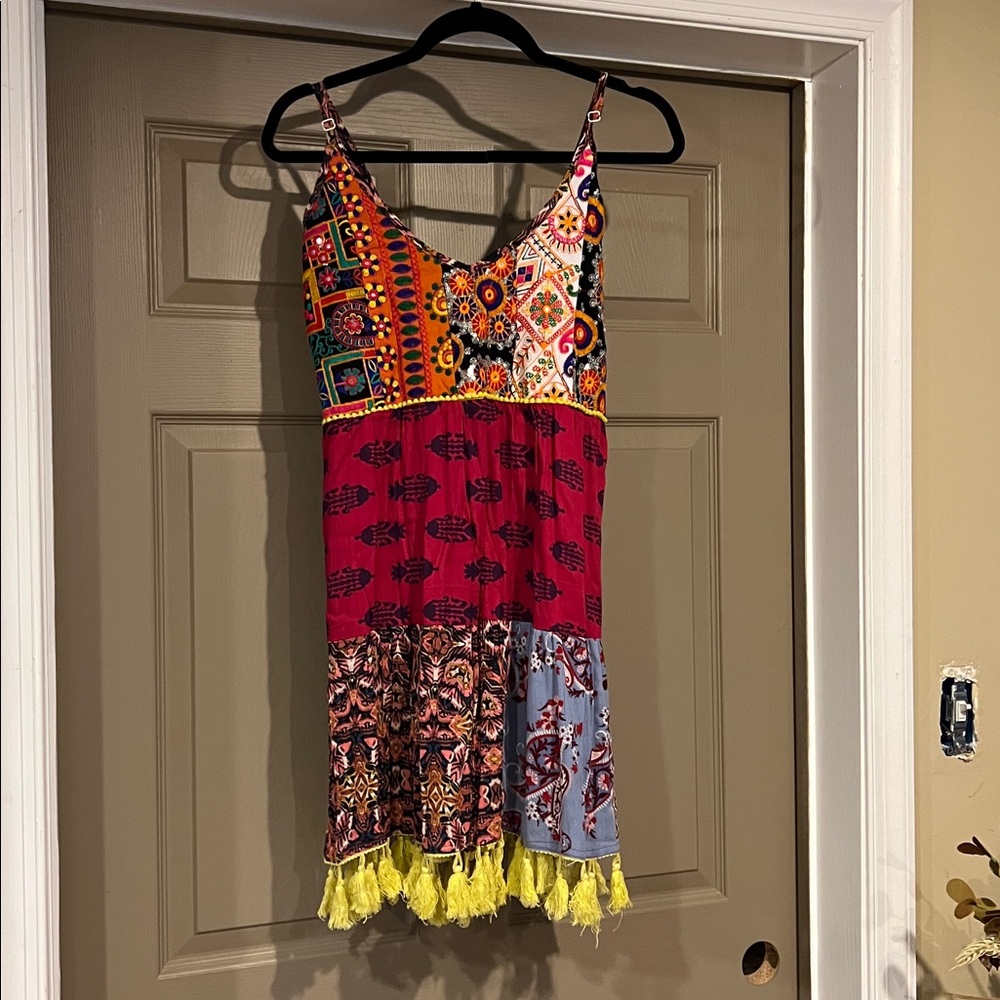 Colorful Patchwork Mini Dress with Tassel Hem